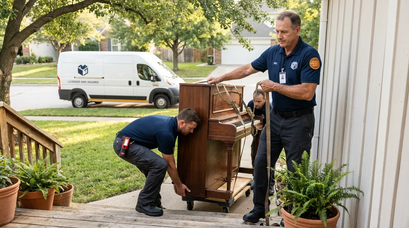 Licensed piano movers securing grand piano in Morrow, GA