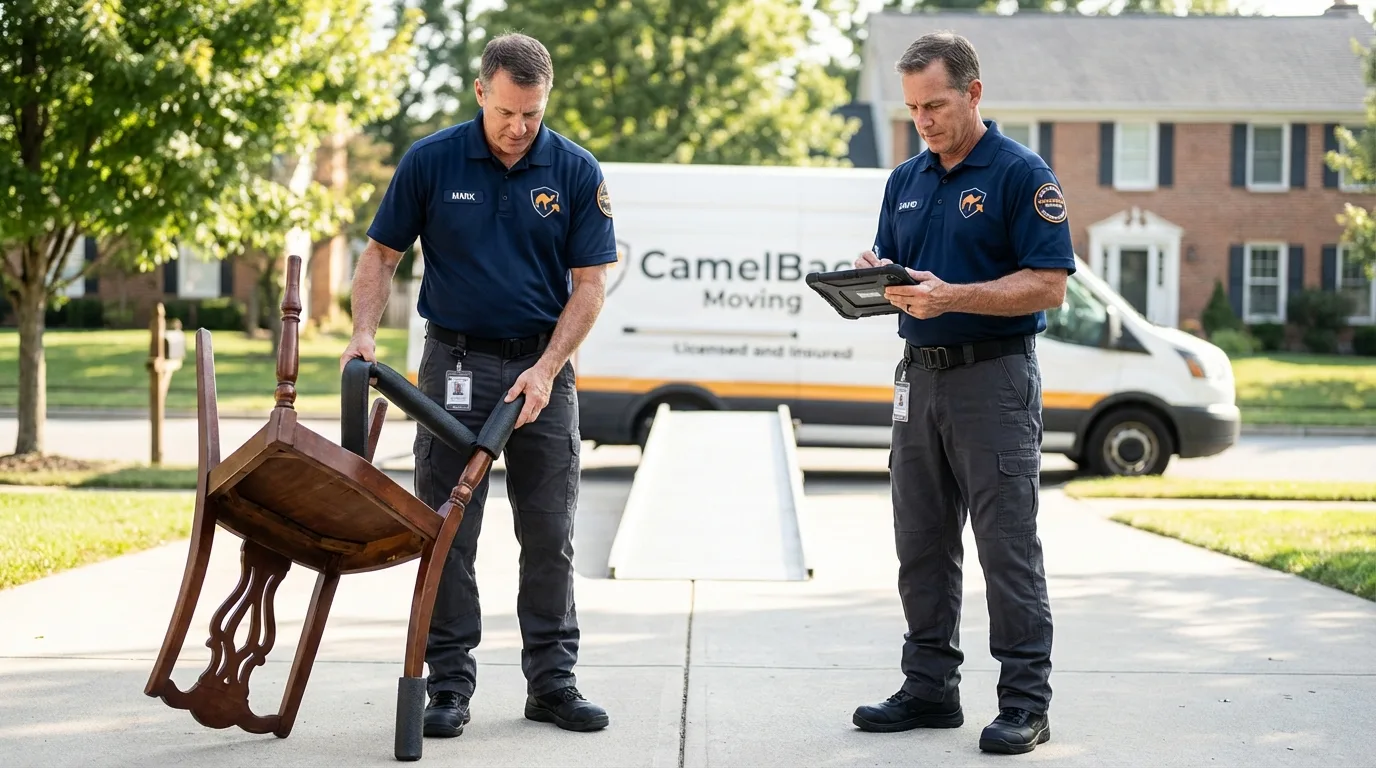 Movers inspecting furniture for damage prevention before loading in Morrow, GA