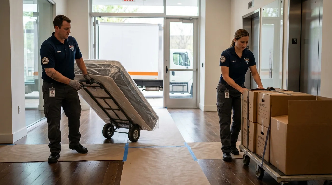 Professional apartment movers loading elevator in Morrow, GA